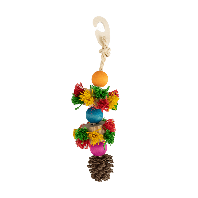 Colorful bird pendant with pine cones