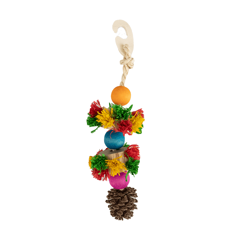 Colorful bird pendant with pine cones