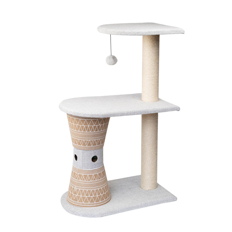 National style three layer cat tree with scratching post and cat toy